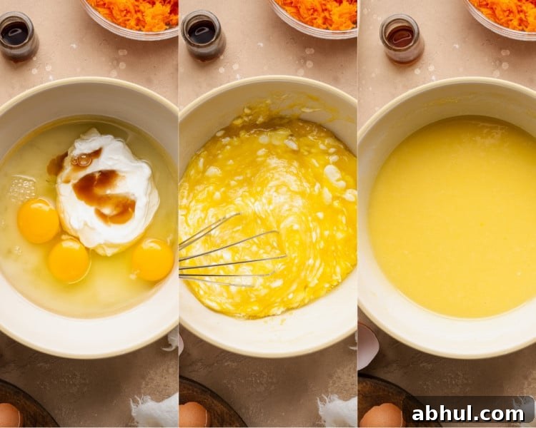 Eggs, vegetable oil, sour cream, and vanilla extract in a mixing bowl before and after whisking until smooth and combined.