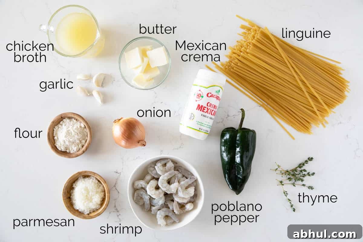 Ingredients to make shrimp pasta with poblano cream sauce.