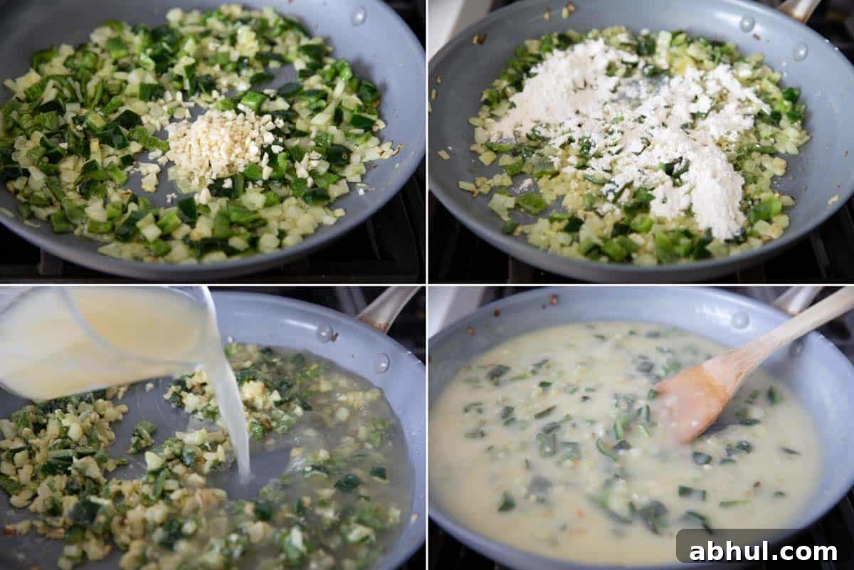 Steps to make poblano cream sauce.