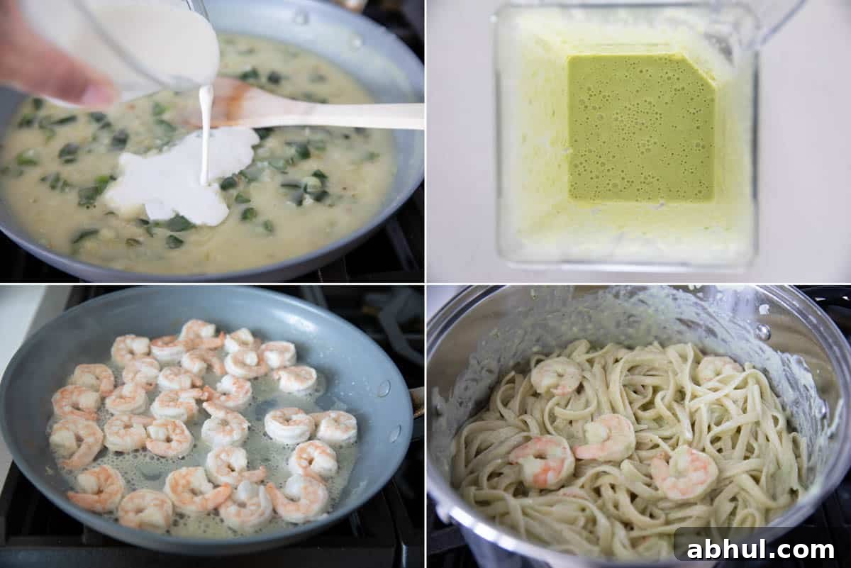 Steps to make shrimp pasta with poblano cream sauce.