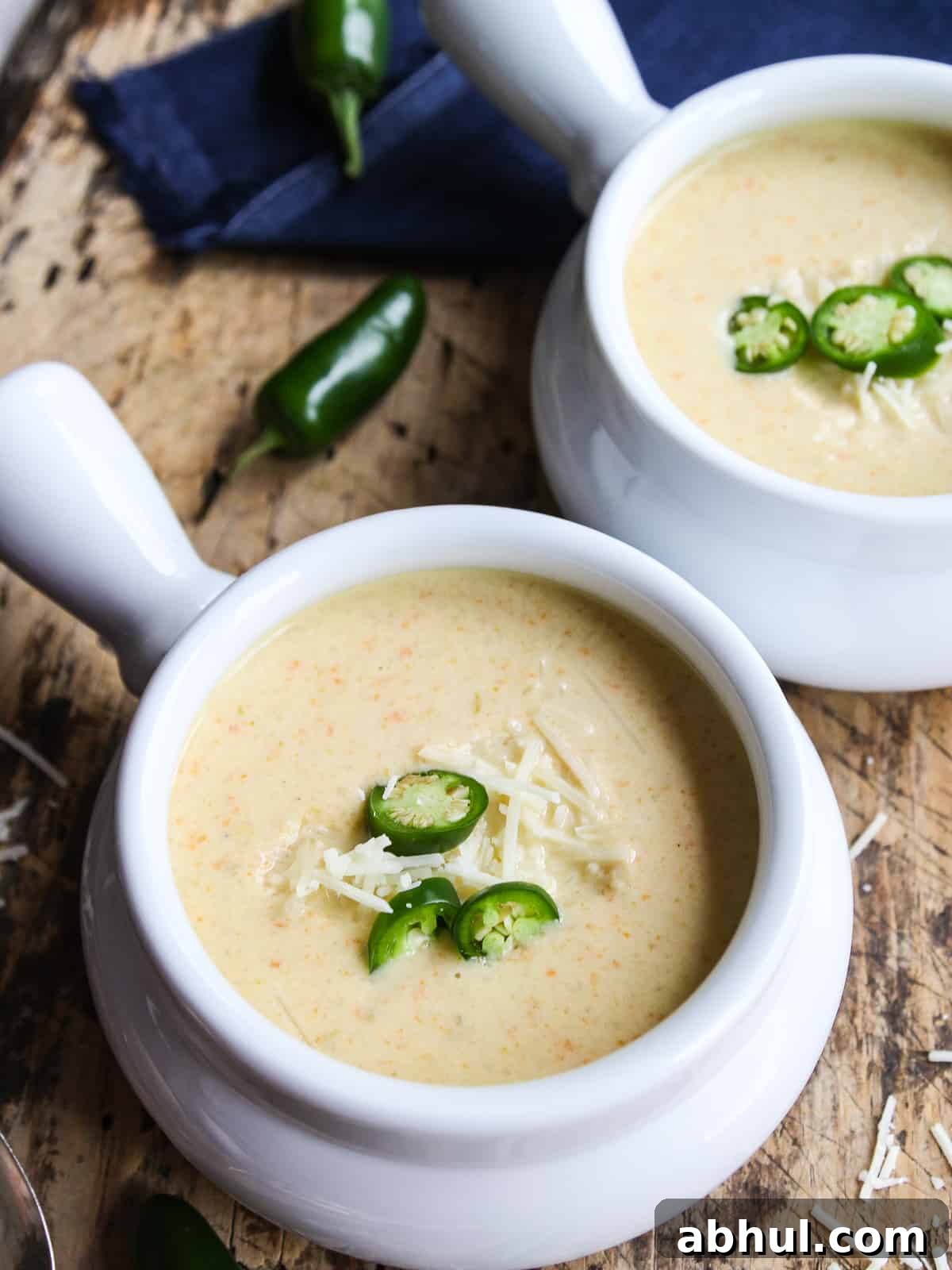 Bowls of jalapeno popper soup with garnish