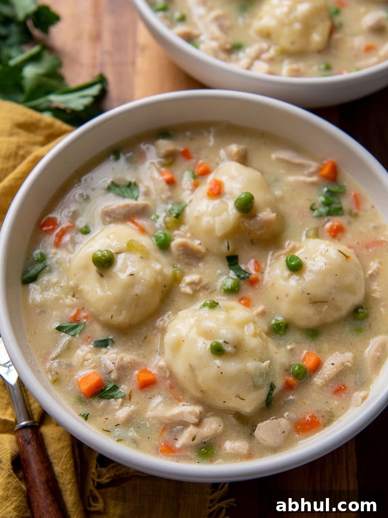 a bowl of creamy chicken dumpling soup with another bowl in the background