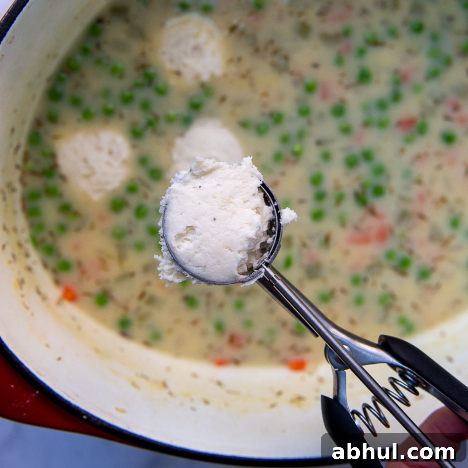 dumplings going into the soup pot with a trigger scoop.