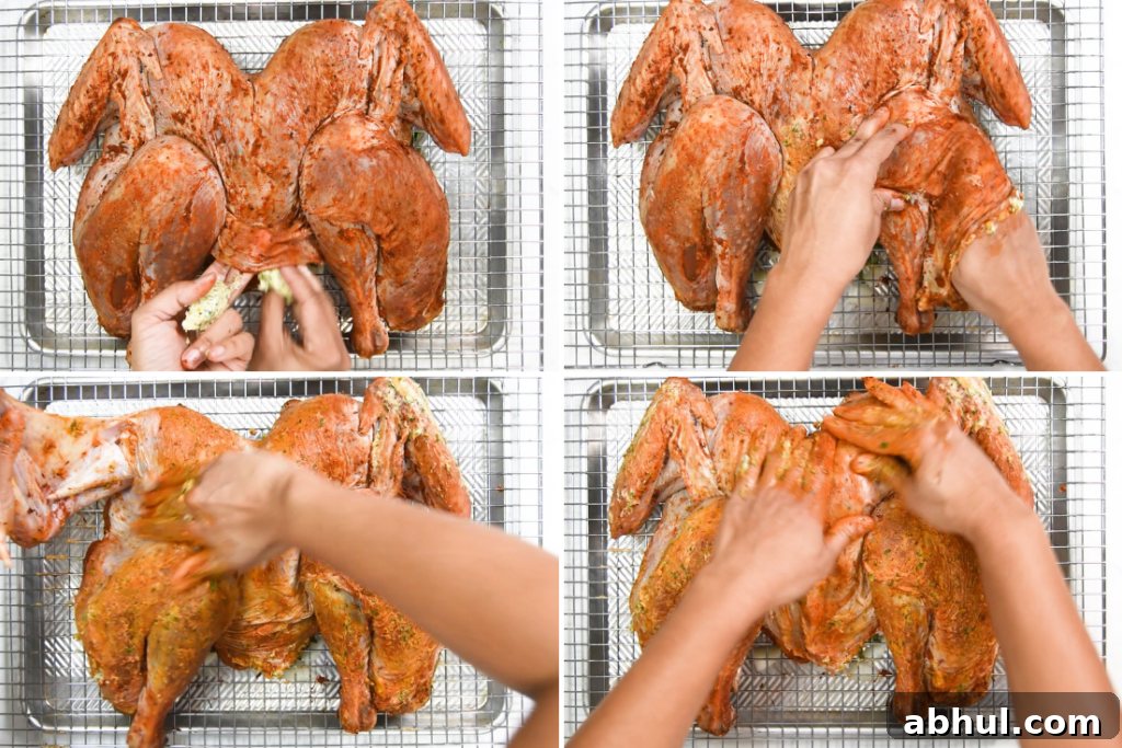 Herb-Butter Compound for Juicy Roasted Turkey 6 A person rubs compound butter on a spatchcock turkey