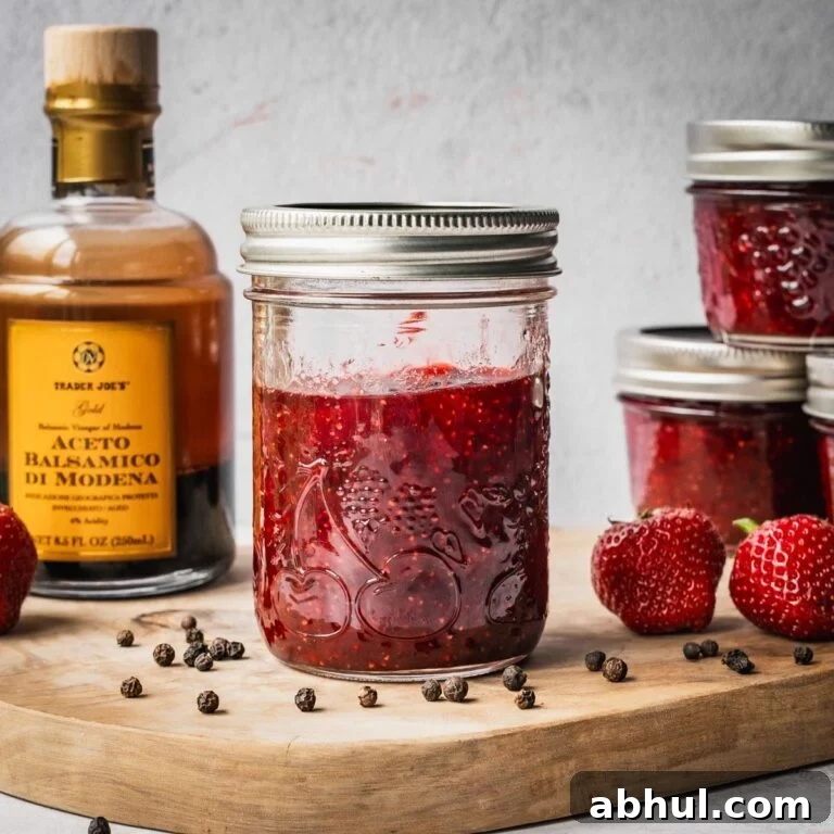 Strawberry-Balsamic Jam with Black Pepper — Homemade Recipe 17 Strawberry Balsamic Black Pepper Jam in mason jars on a wooden board with fresh strawberries, black peppercorns and a bottle of balsamic vinegar on the side.