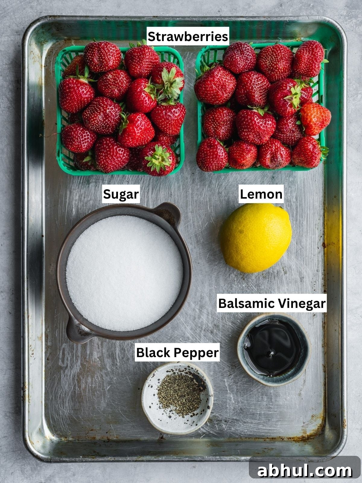 Strawberry-Balsamic Jam with Black Pepper — Homemade Recipe 3 Strawberry Balsamic Black Pepper Jam Recipe ingredients with individual labels on a metal tray.