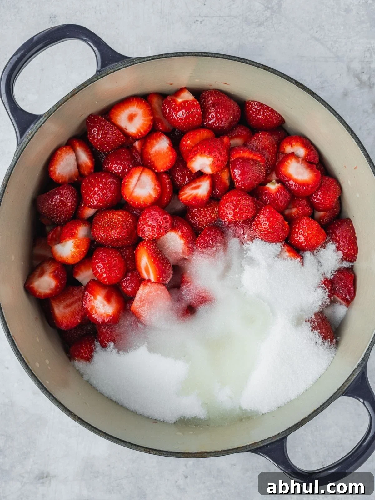 Strawberry-Balsamic Jam with Black Pepper — Homemade Recipe 5 Chopped strawberries, sugar and lemon juice in a pot.