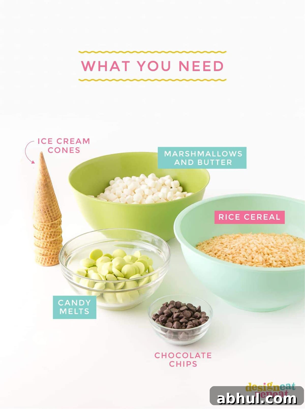 Ingredients for Cute Zombie Halloween Rice Krispie Treats - Marshmallows, Rice Krispies, Candy Melts, Ice Cream Cones, Chocolate