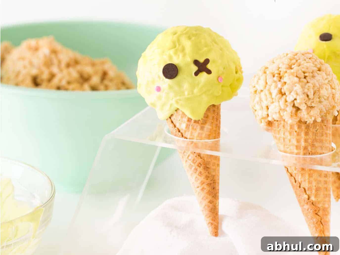 Cute Zombie Halloween Rice Krispie Treats in plastic ice cream cone holder