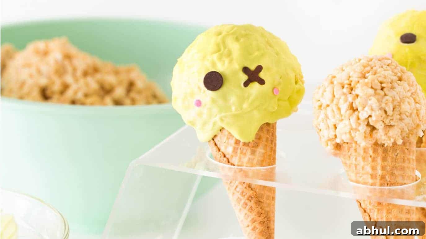 Cute Zombie Halloween Rice Krispie Treats in plastic ice cream cone holder.