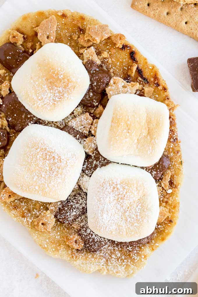 Top view of a freshly baked flatbread s'more.