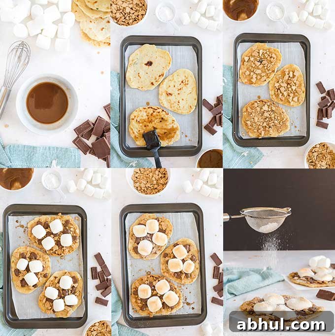 A collage of step by step photos showing how to make flatbread s'mores.