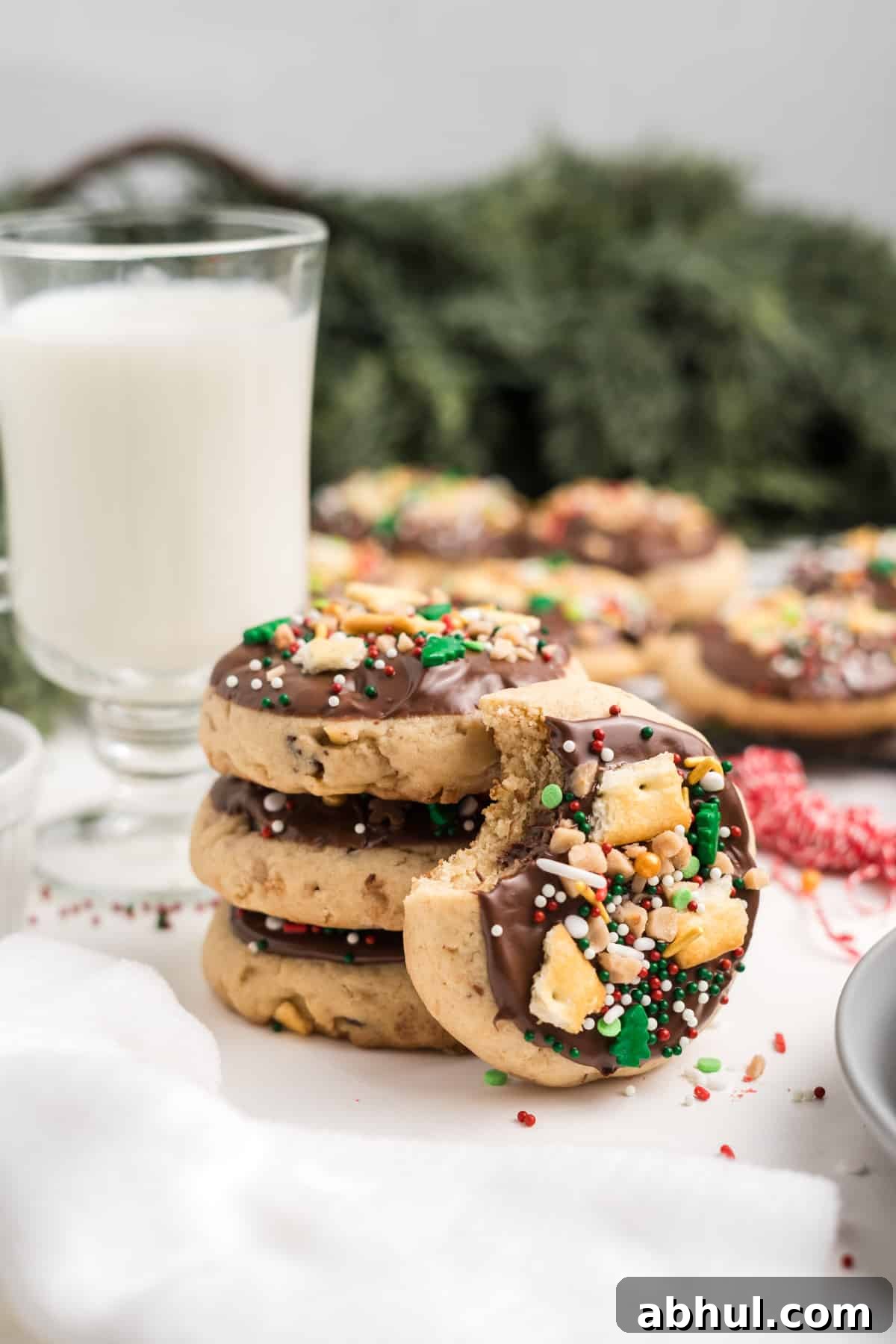 Christmas Crack Cookies Recipe: Salty-Sweet Holiday Crackers 2 A stack of Christmas crack cookies with a bite taken from one leaning up against the stack.