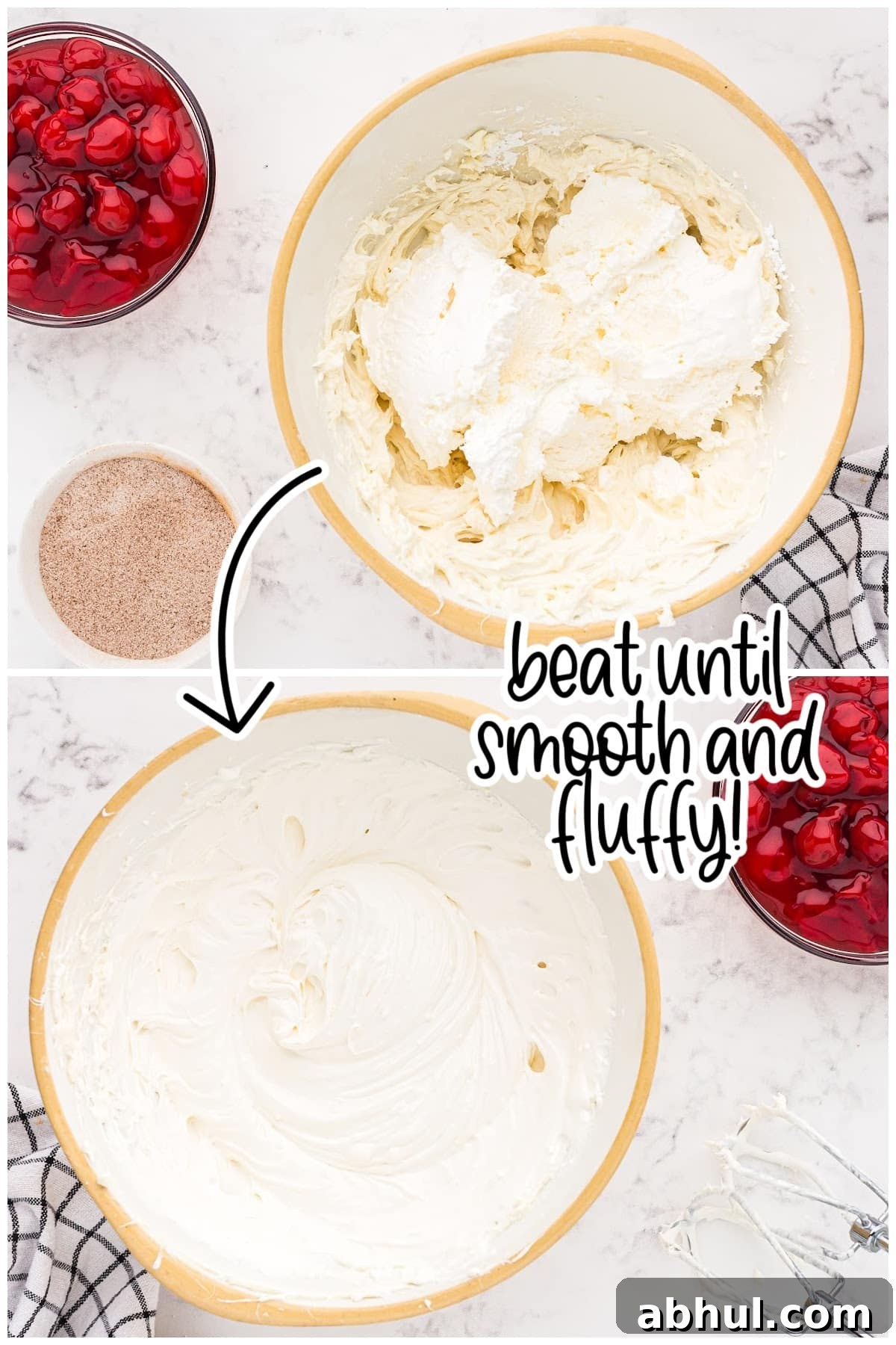 Adding in the remainder of the cheesecake ingredients and mixing until smooth in a bowl.