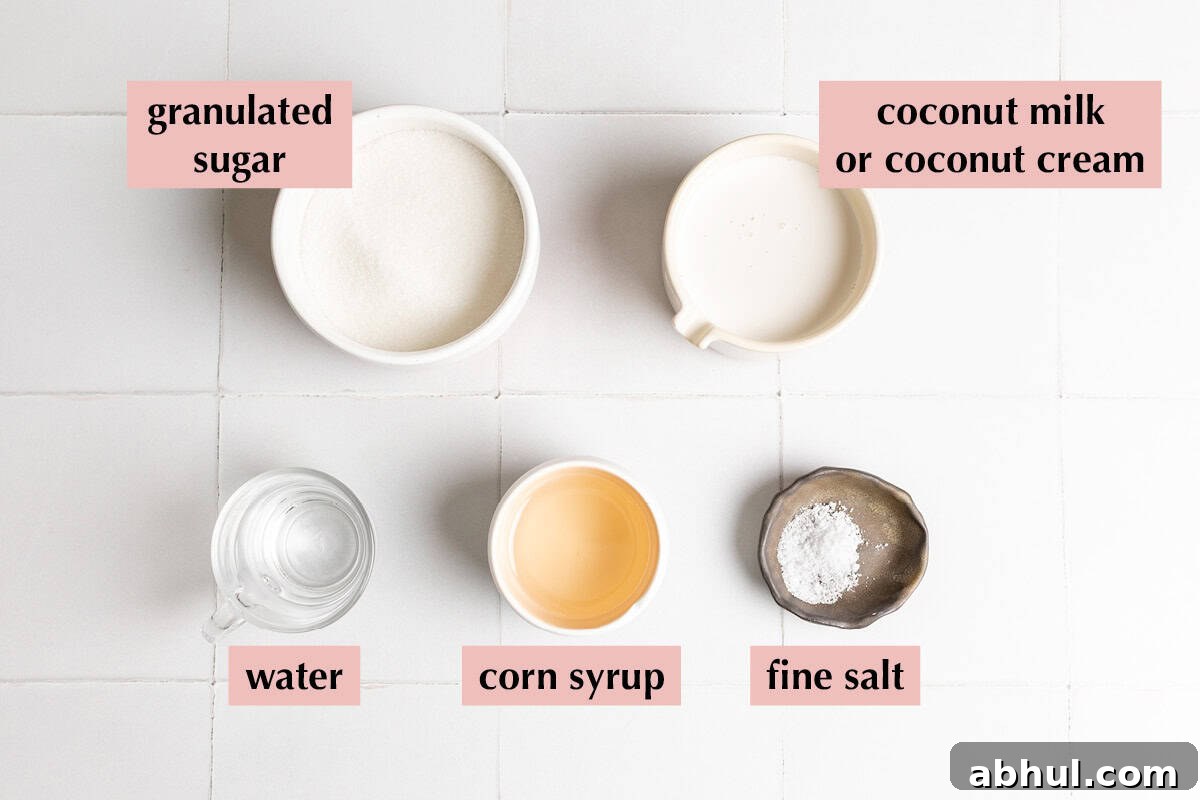 Ingredients for coconut milk caramel recipe.