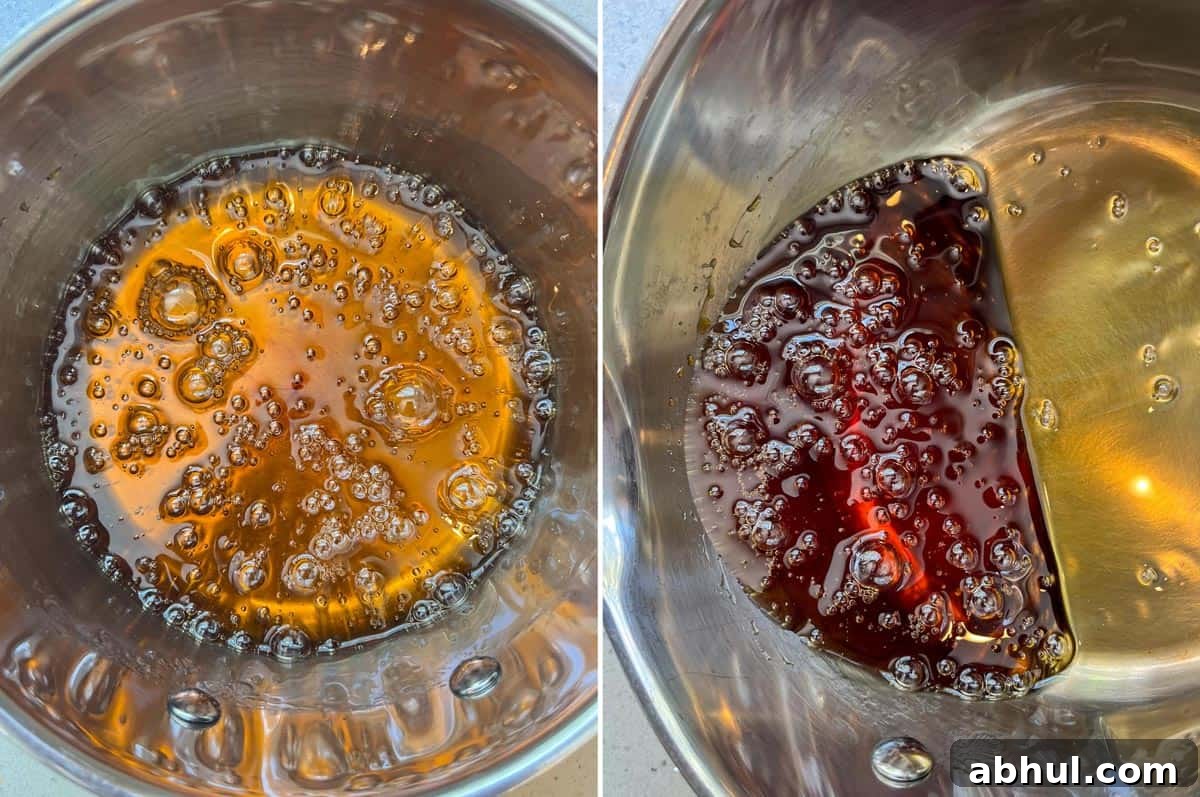 Sugar is light amber color when looking straight down but deep amber when the pan is tilted.