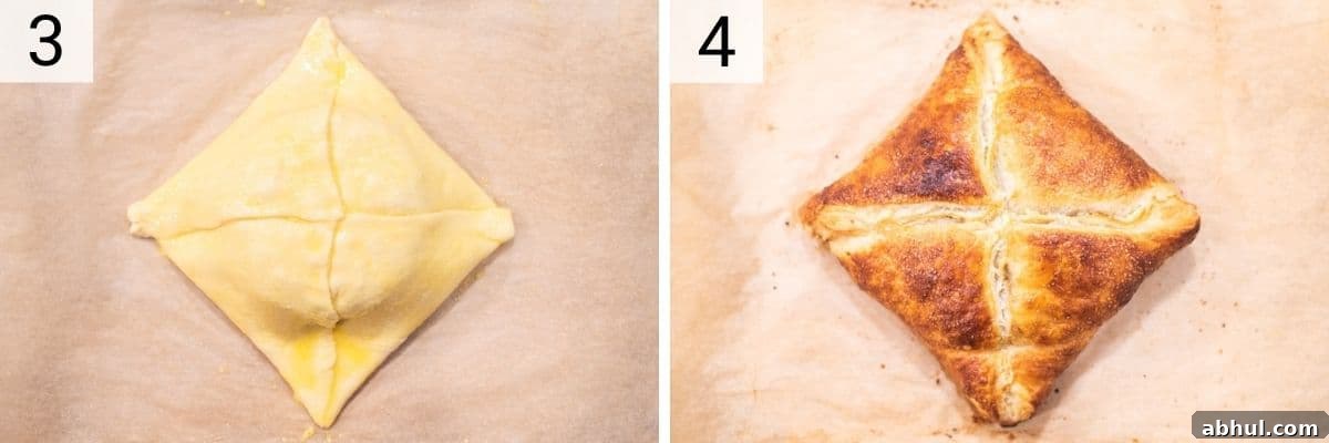 Process shots of folding up puff pastry around cheese and baking.