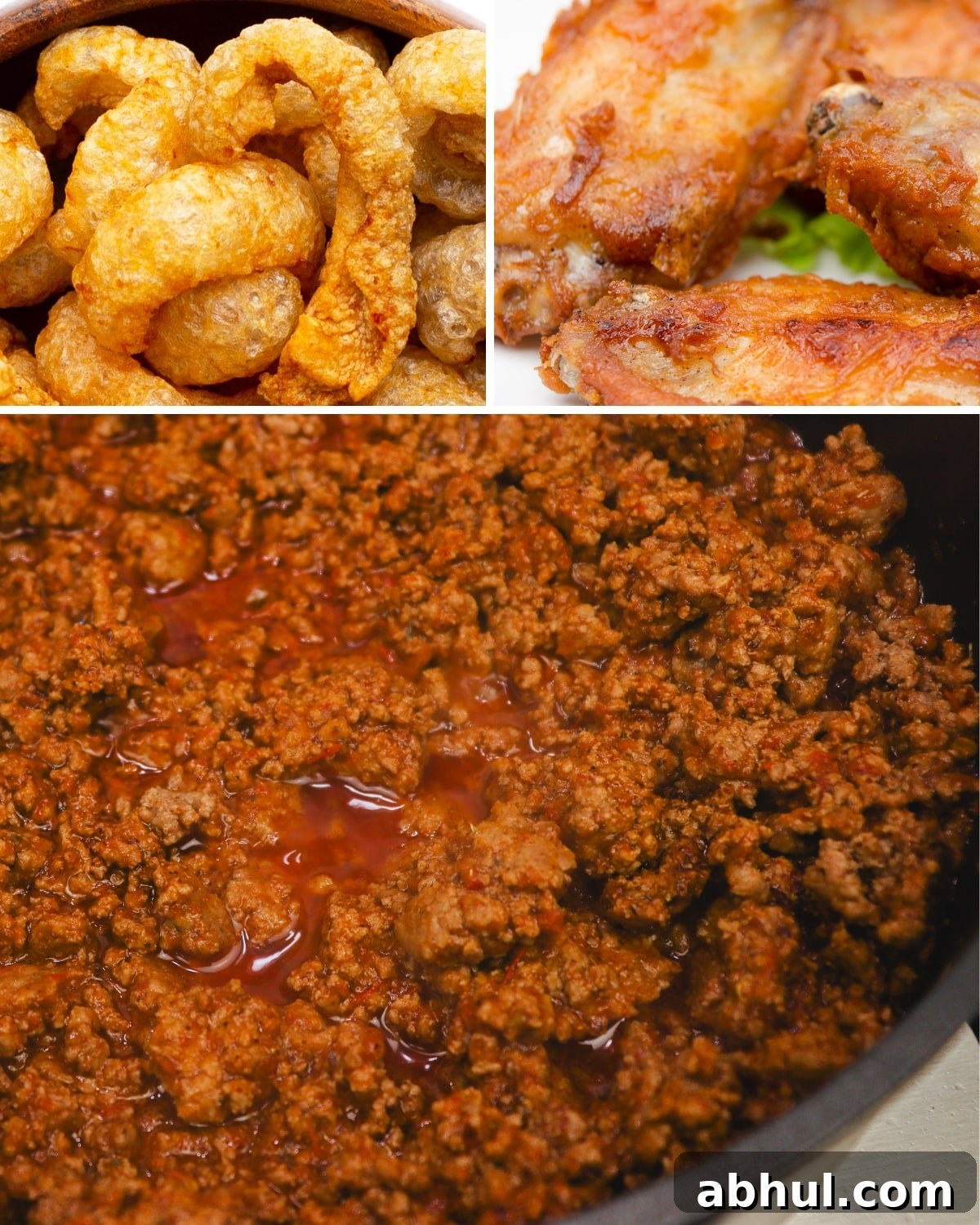 high protein zero carb foods like pork rinds, chicken wings, and ground beef