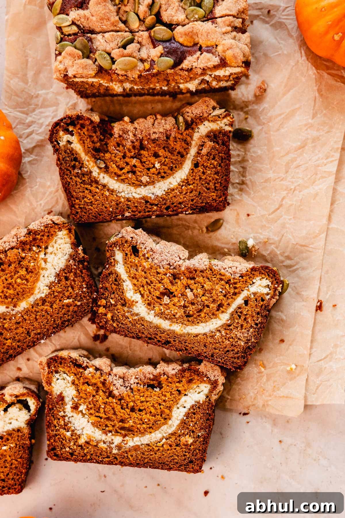 sliced pumpkin bread on parchment paper
