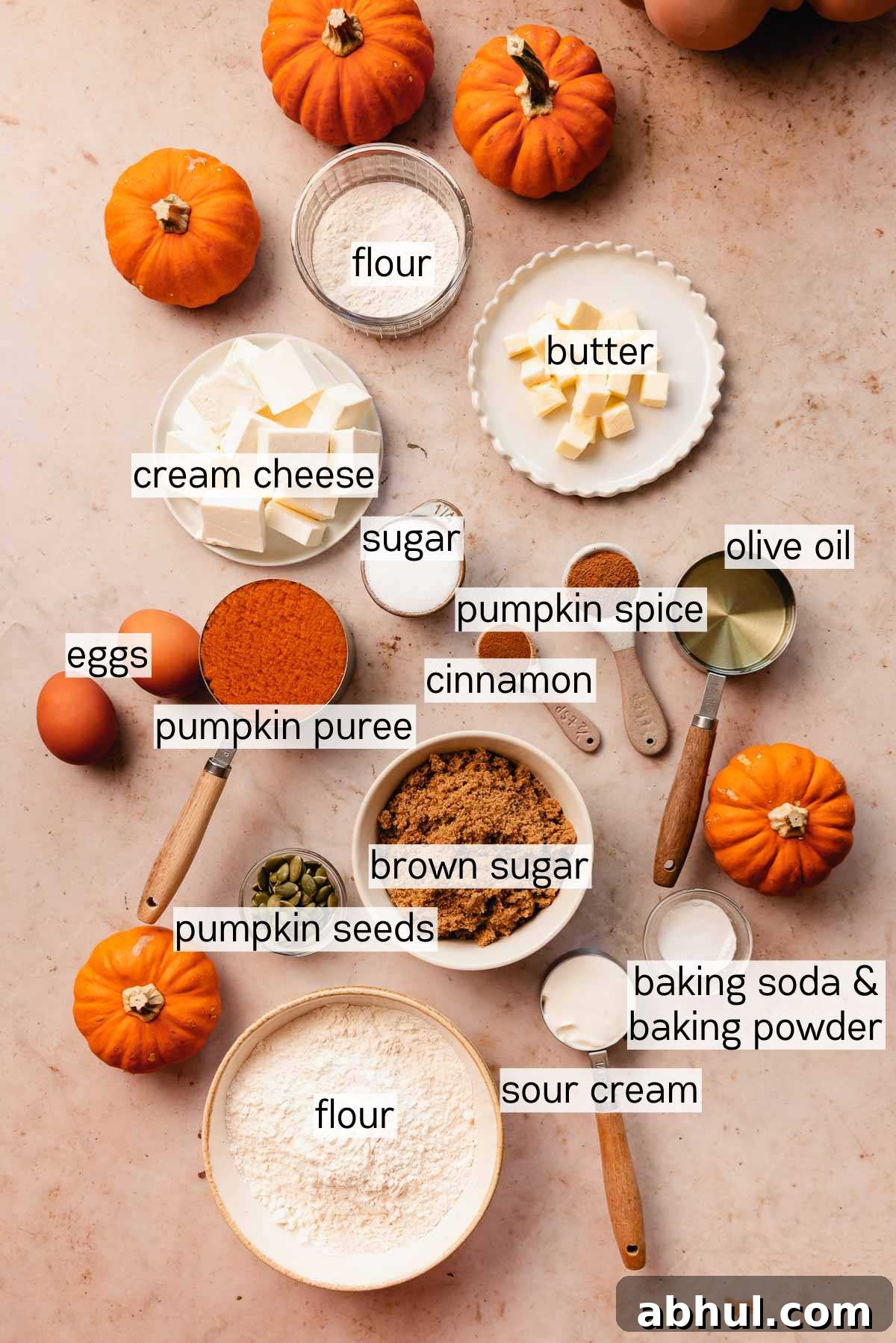 pumpkin cream cheese streusel bread ingredients in bowls