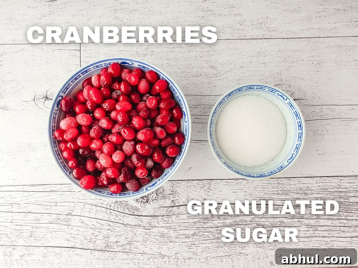 Ingredients for sugared cranberries. Cranberries, granulates sugar, water (not pictured).