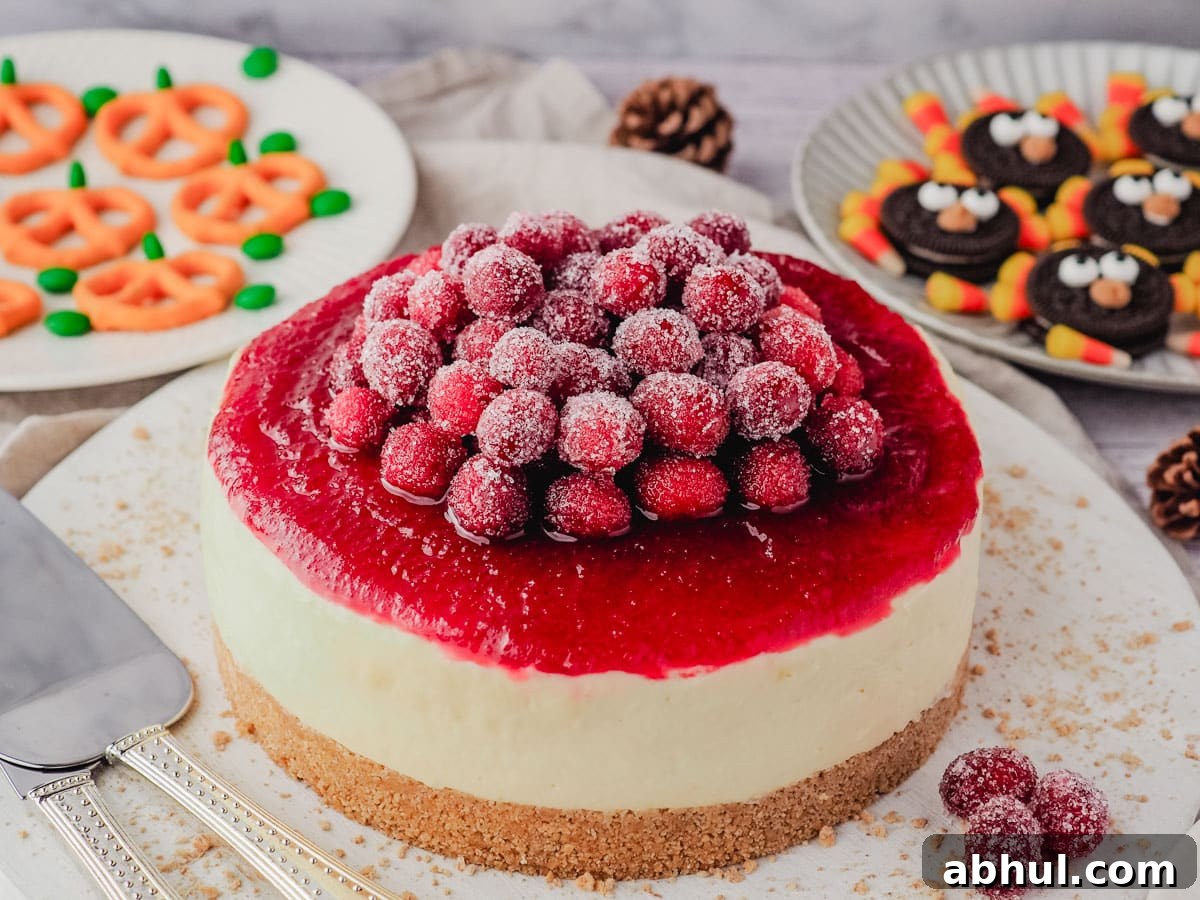 Sugared cranberries piled on top of a cranberry cheesecake with cranberry sauce, on a Thanksgiving dessert table.
