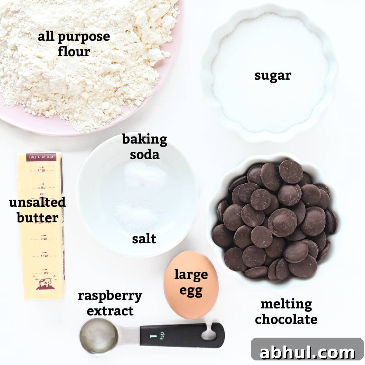 Ingredients: flour, sugar, unsalted butter, baking soda, salt, large egg, raspberry extract, melting chocolate.