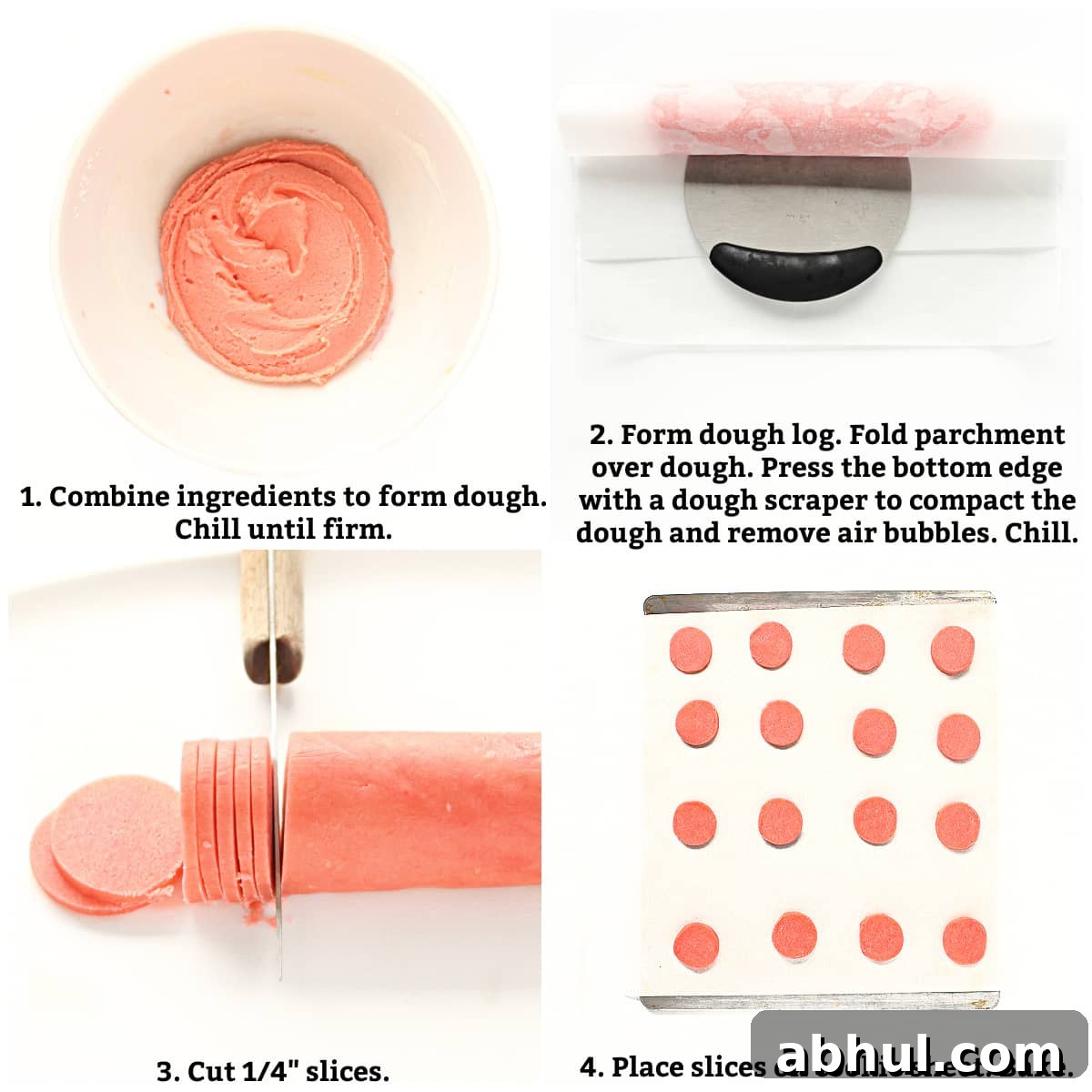 Instructions: combine ingredients,chill dough, roll dough into log, chill until firm, cut slices, bake.