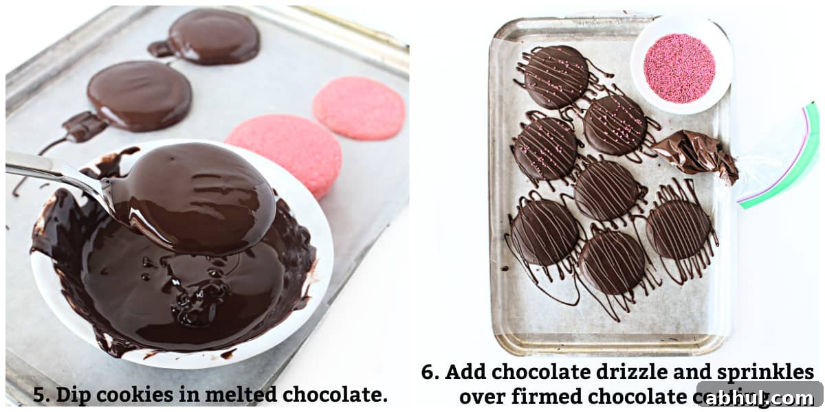 Decorating instructions: dip cookies in melted chocolate, add chocolate zigzags and sprinkles when coating is firm.