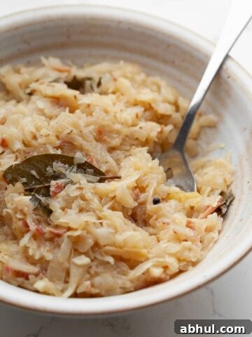 a bowl of authentic gluten free cooked sauerkraut in a bowl