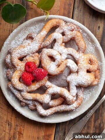 gluten free funnel cakes or also known as strauben in austria topped with powdered sugar and fresh fruit on a plate