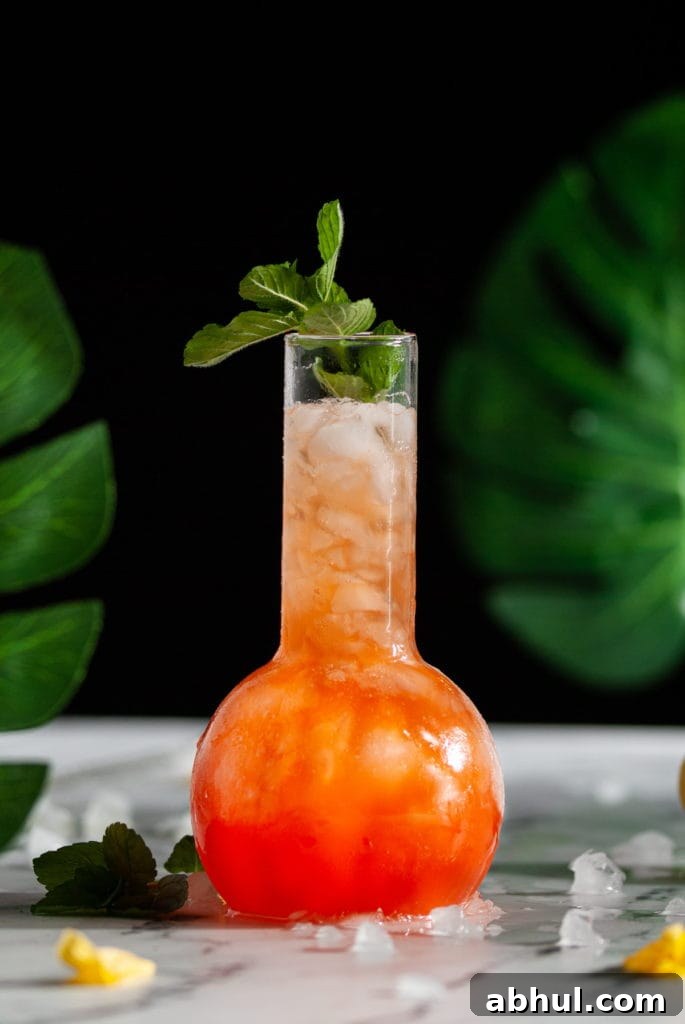 tropical drink in a fun cocktail glass with banana leaves in foreground and background