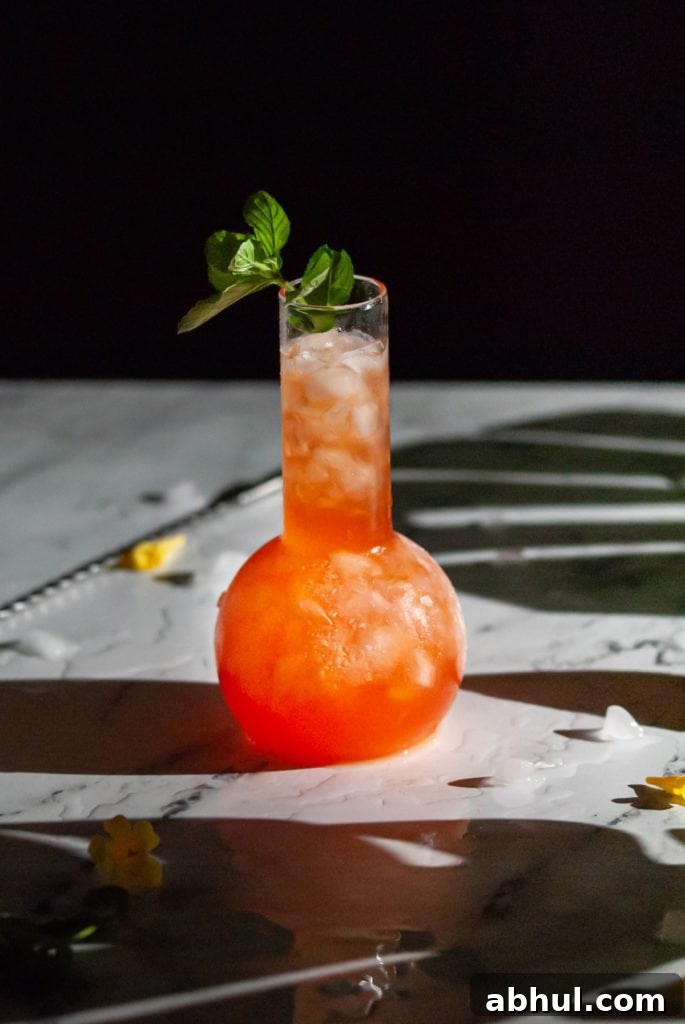 tropical bourbon and aperol cocktail with banana leaf shadows