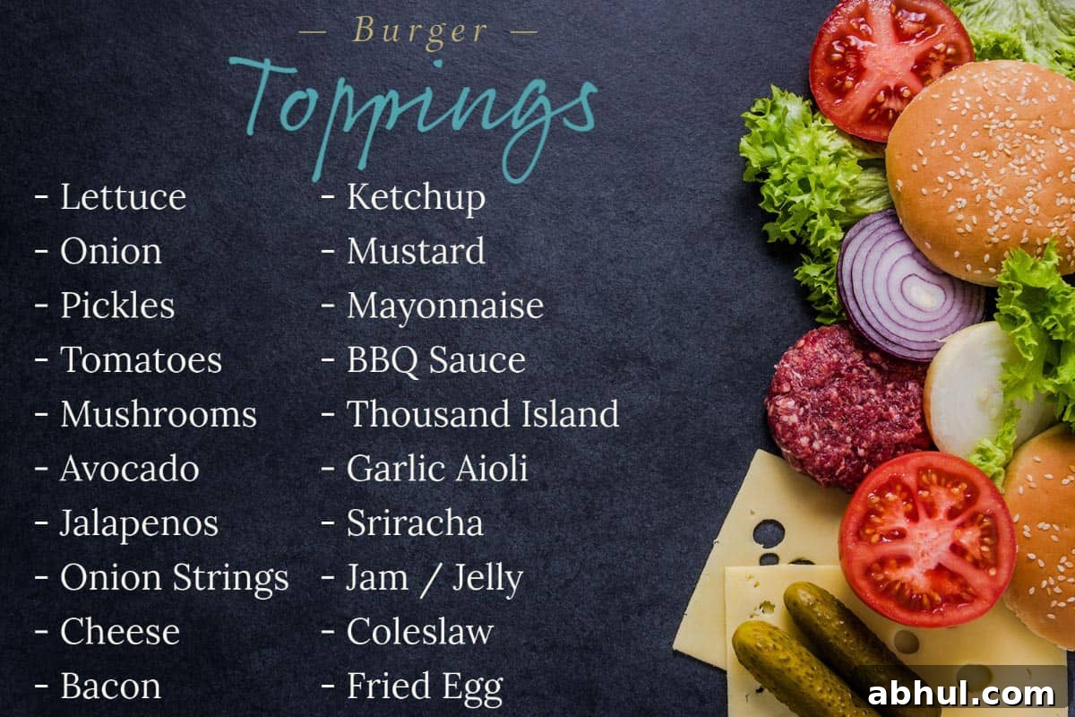 List of hamburger toppings and picture of burger and toppings