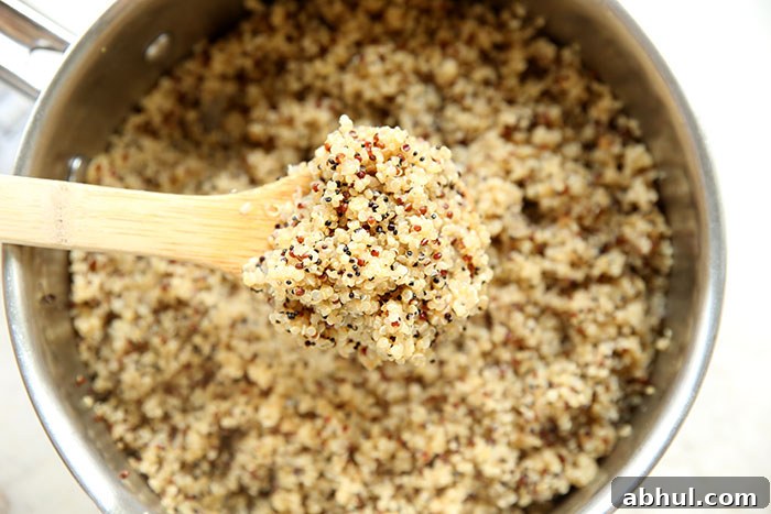 A pot of cooked quinoa with a wooden spoonful of quinoa held above.