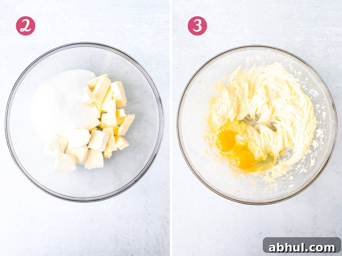 Bowl of butter, cream cheese and sugar, and bowl of butter, cream cheese and sugar beaten together with eggs and peppermint extract added.