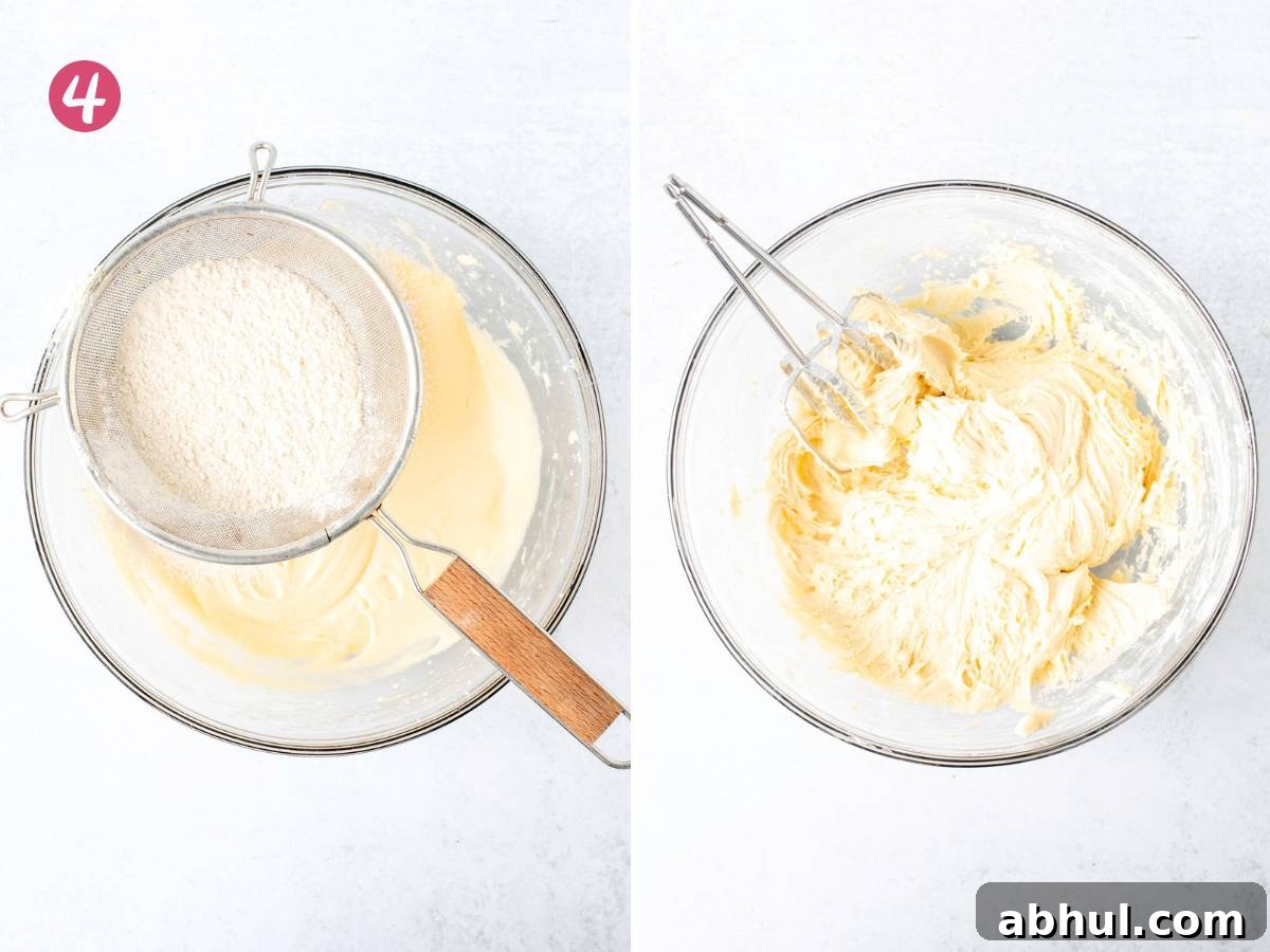 Sifting dry ingredients into butter mixture, and bowl of peppermint sugar cookie bar dough