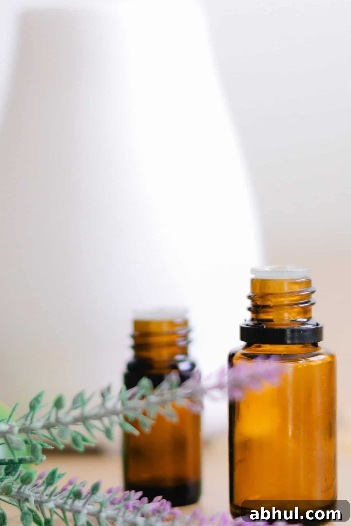 Essential oil diffuser with oil bottles and dried lavender sprigs next to it. 