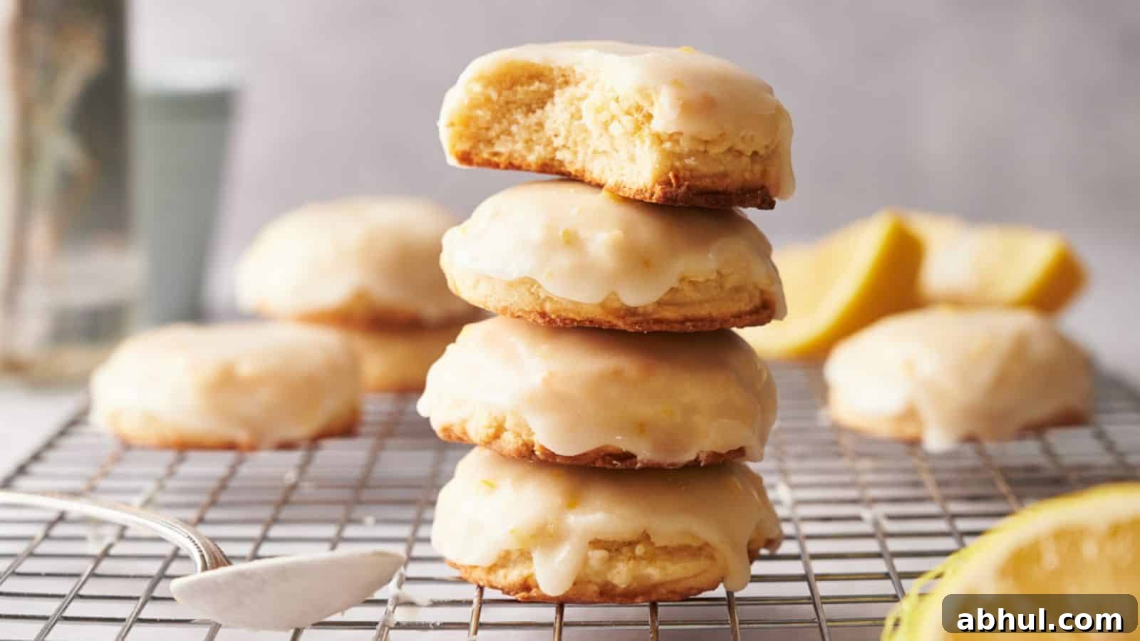 A stack of lemon cookies on a cooling rack.