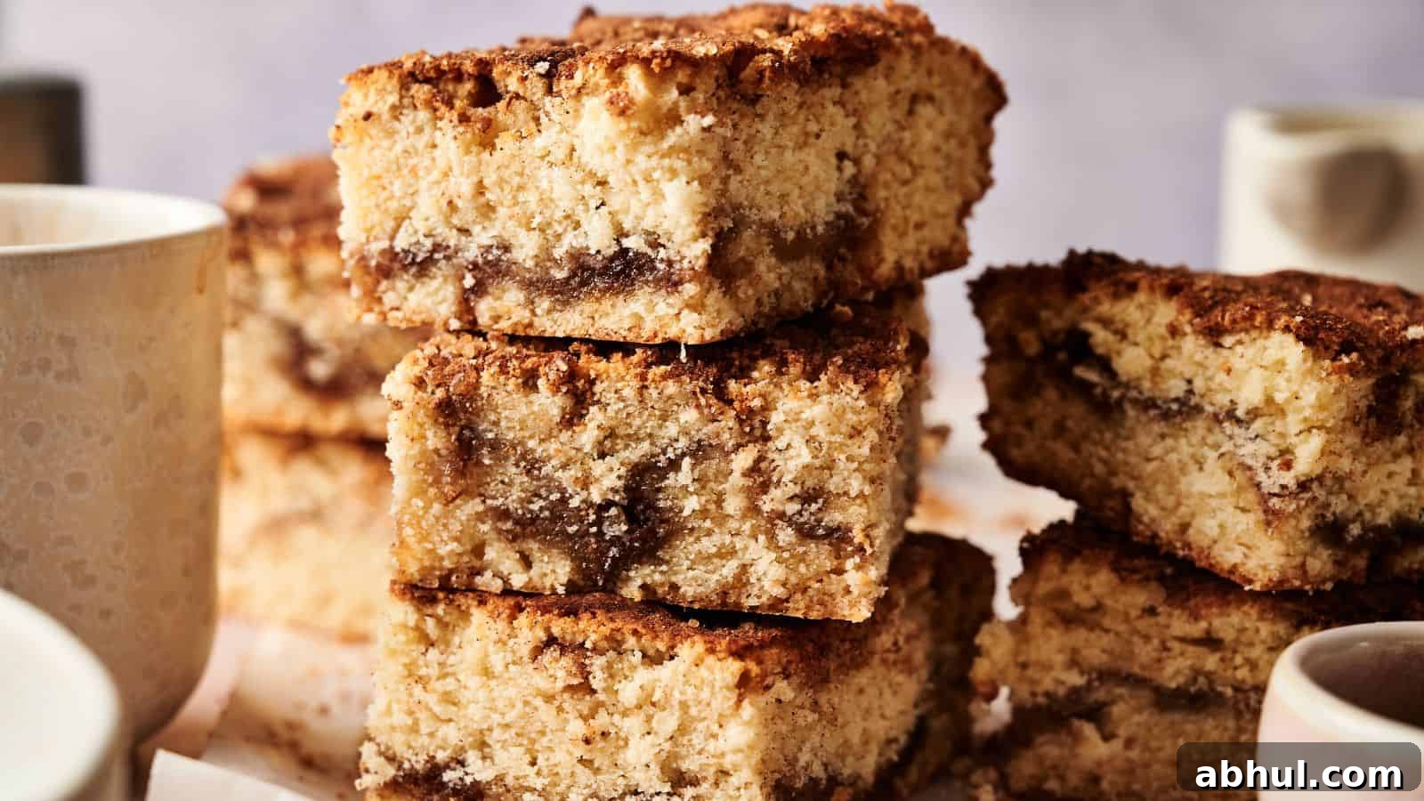Three pieces of crumbly coffee cake with a cinnamon swirl are stacked on a plate, with two white mugs partially visible around them.