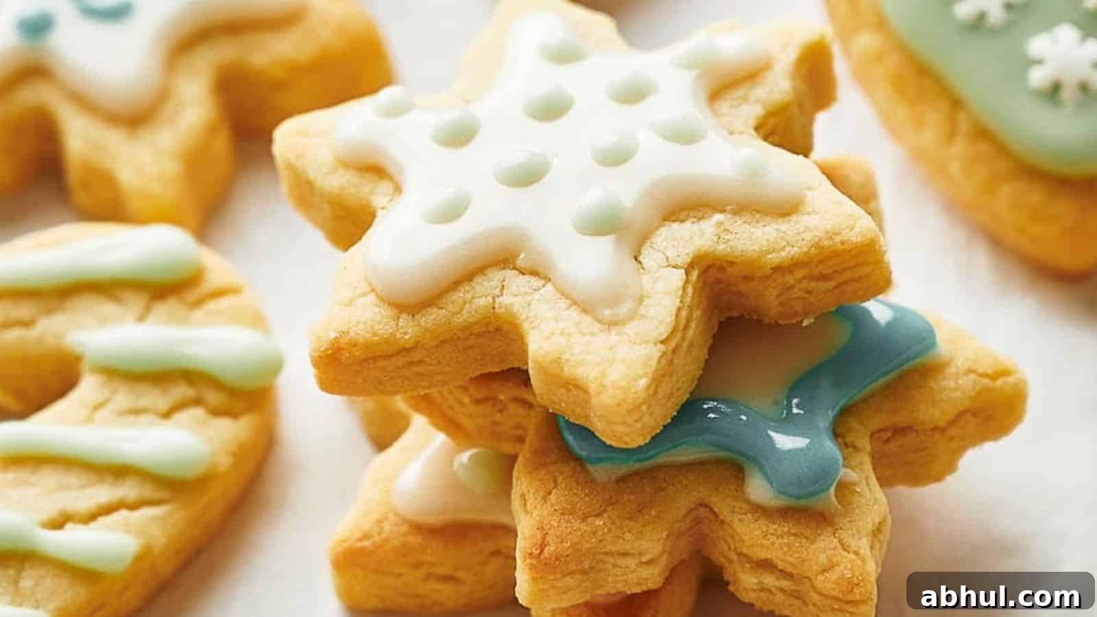 A group of cookies decorated with icing and snowflakes.