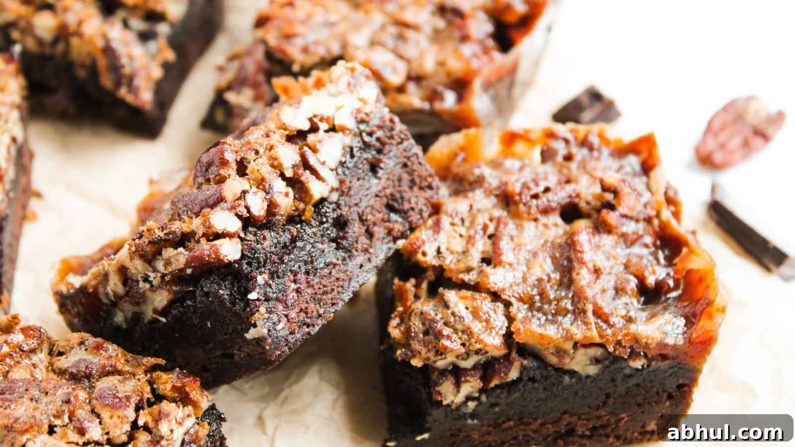 Close-up of several chocolate brownies topped with pecans on a parchment surface.
