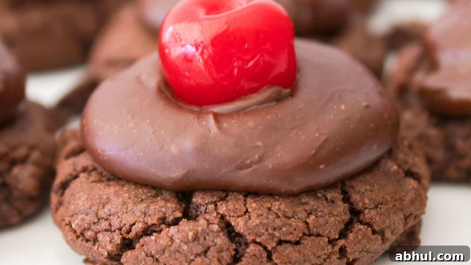 Enjoy our chocolate cherry cookies, each topped with a swirl of rich chocolate frosting and a vibrant red cherry.
