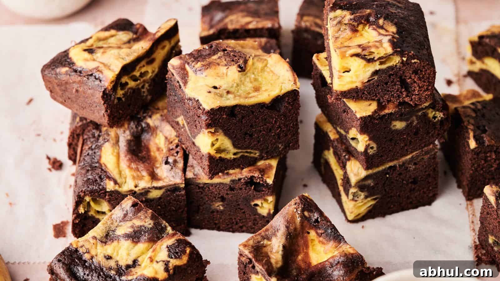 Several squares of chocolate brownies with a yellow and brown marbled pattern are stacked and arranged on parchment paper.