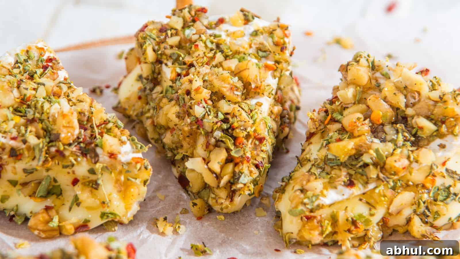 Close-up of sliced cheese coated with mixed herbs and chopped nuts on parchment paper, resembling charming Christmas cheese trees.