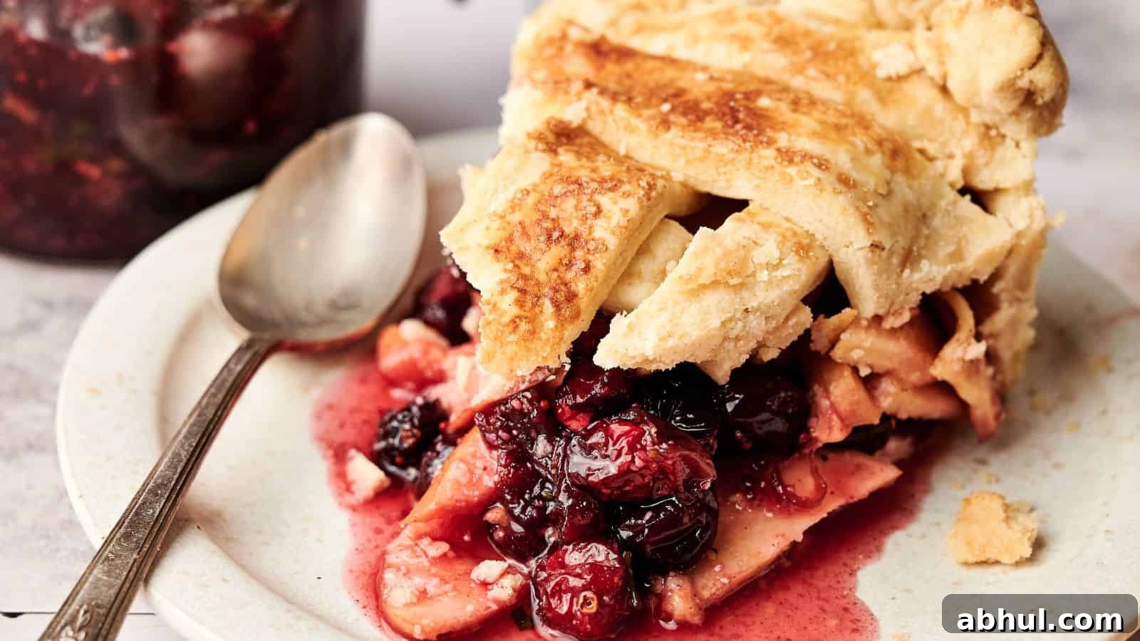 A slice of mixed berry pie with a golden crust sits on a plate next to a spoon, with fruit filling spilling out.