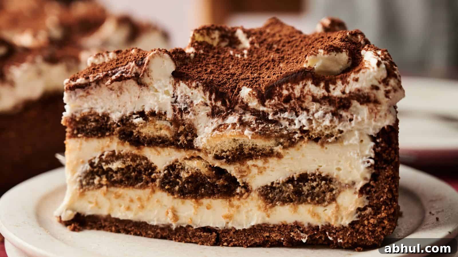 A close-up of a slice of layered tiramisu cake with cream, coffee-soaked sponge, and dusted cocoa powder on top, served on a white plate.