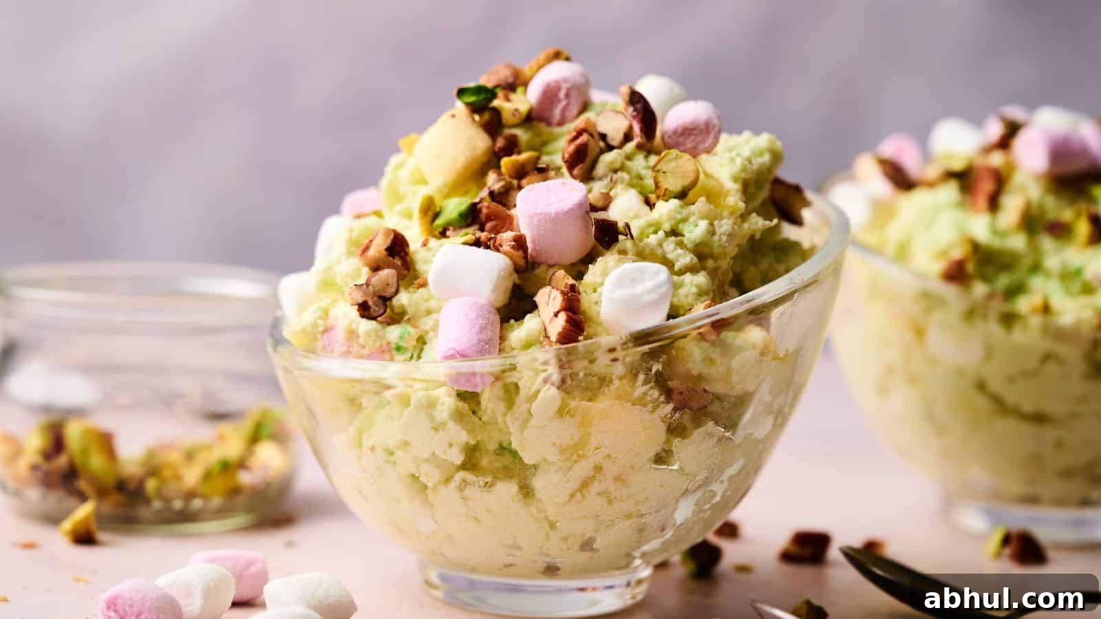 A glass bowl filled with pistachio-flavored dessert topped with mini marshmallows and chopped nuts, with another similar bowl in the background.