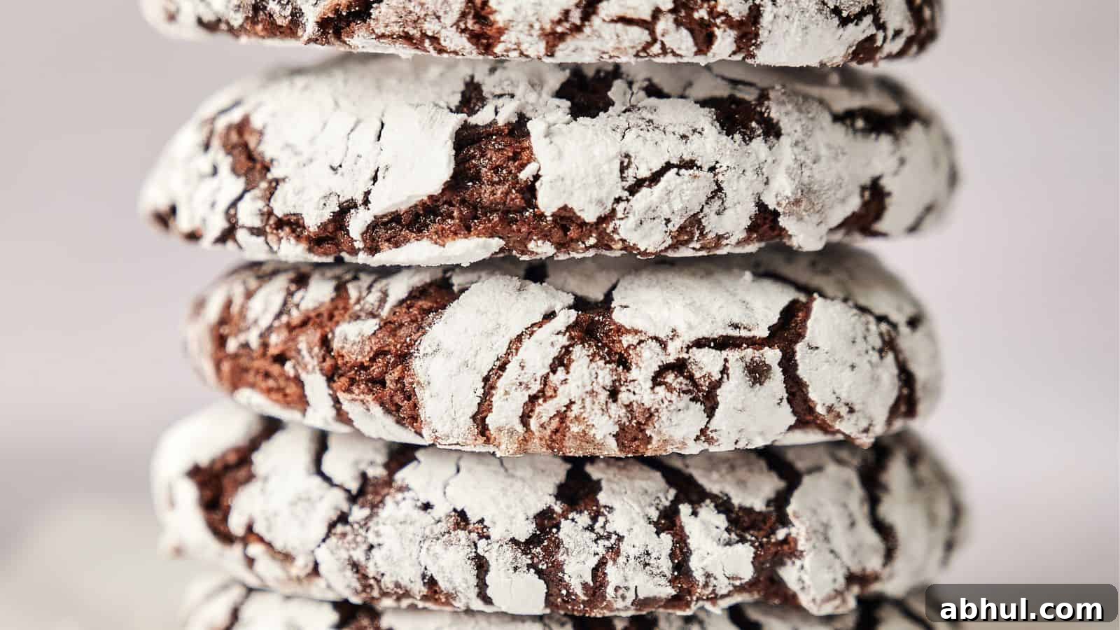 A close-up image shows a stack of four chocolate crinkle cookies covered in powdered sugar, revealing their cracked texture.