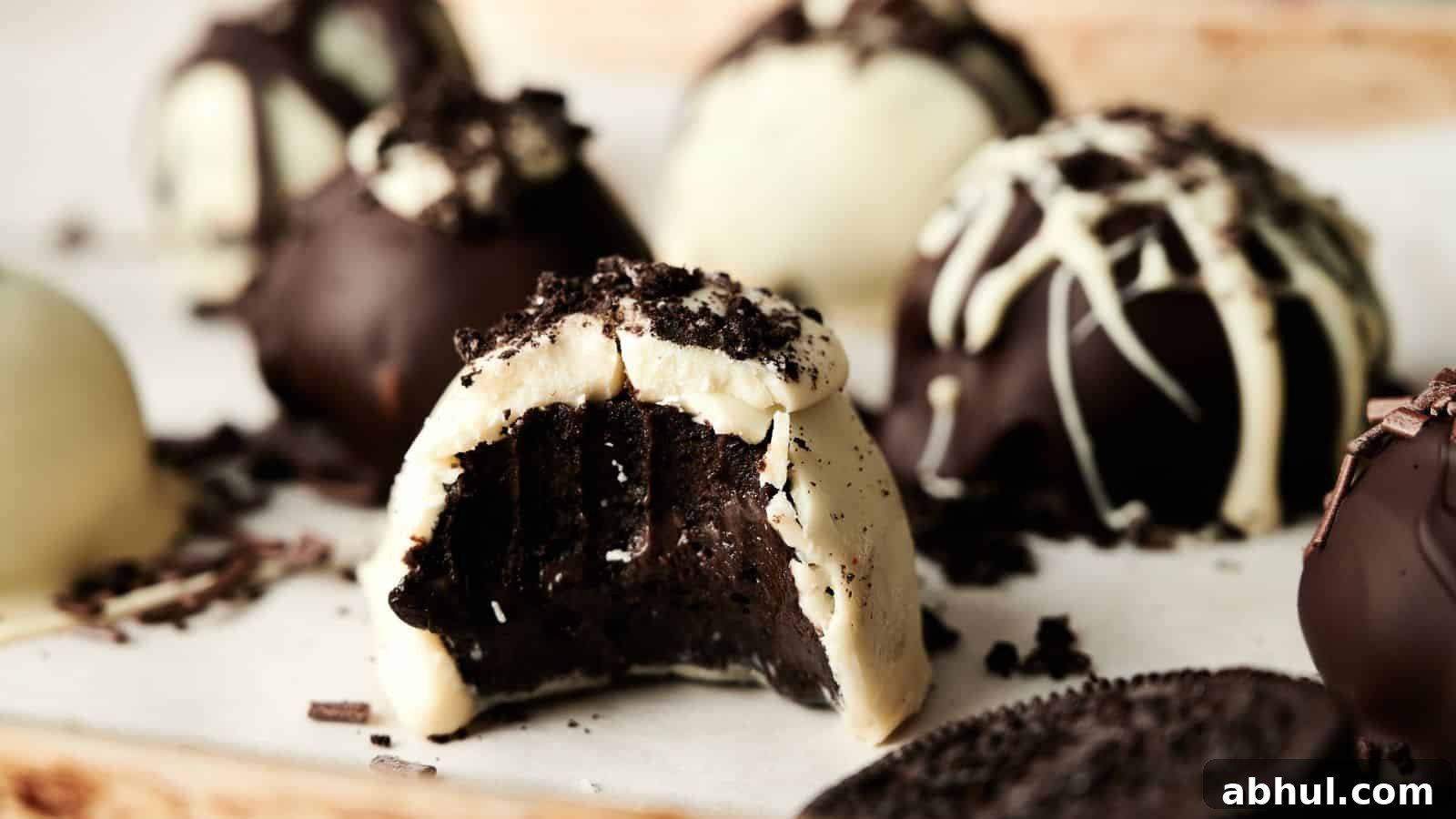 Assorted chocolate truffles, some coated in white and dark chocolate, with one bitten to show the rich chocolate filling inside. Crumbled cookies are sprinkled on top.
